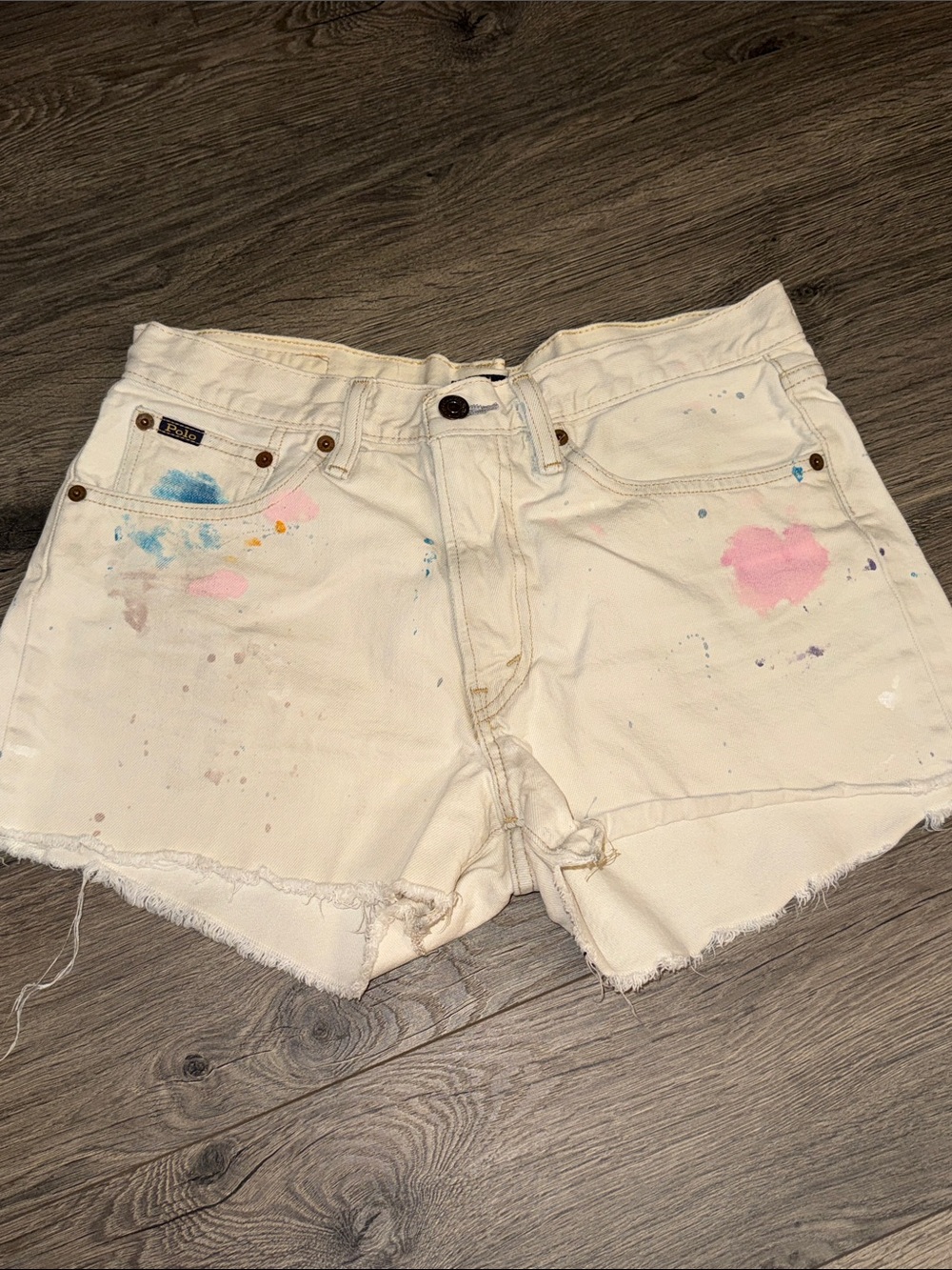 Polo Ralph Lauren White Paint-Splatter Denim Cutoff Shorts vintage